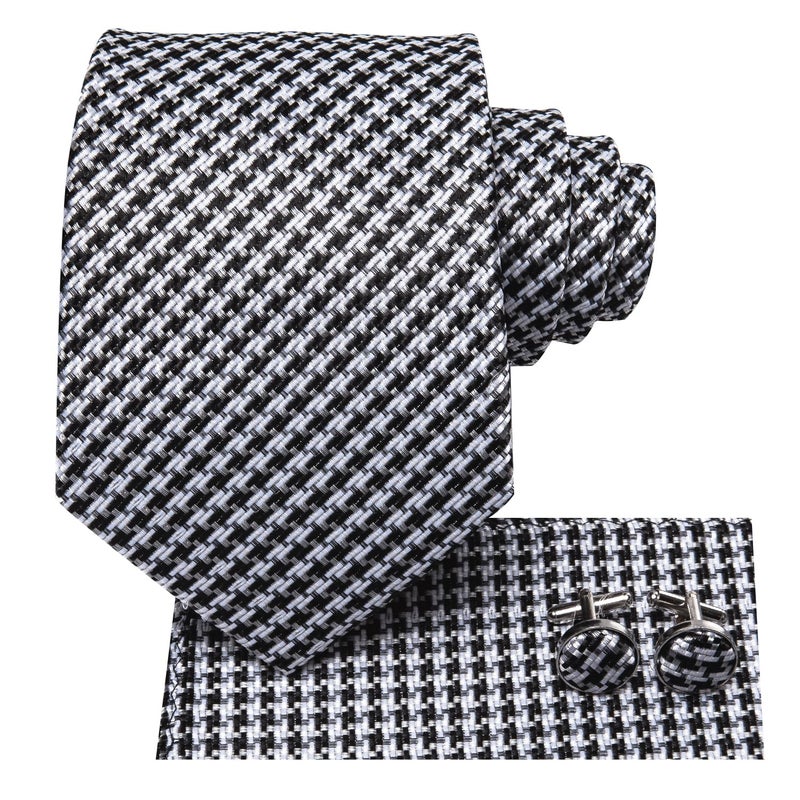 Hi-Tie Mens Plaid Ties Classic Paisley Necktie with Handkerchief Cufflinks Set Business Stripe Tie,Black White Houndstooth - Image 2